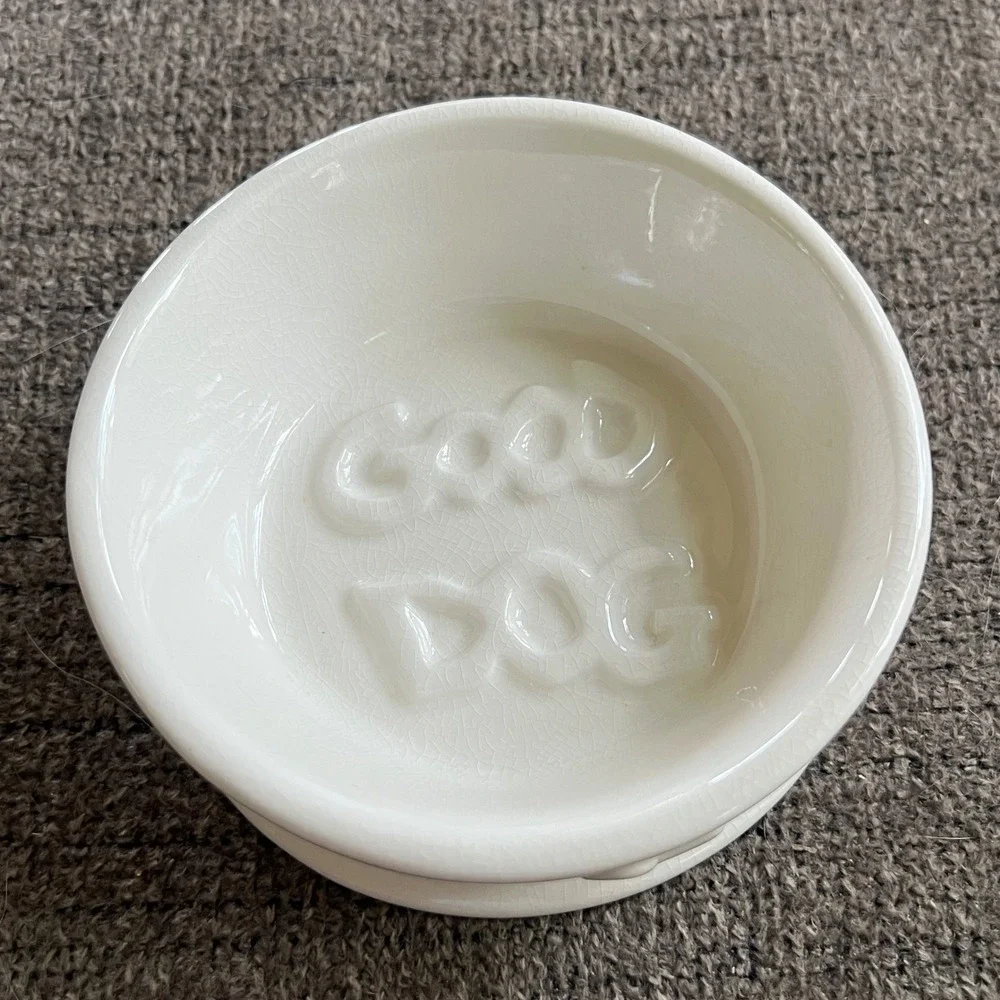 Debby Carman Good Dog Ceramic Bowl White Heart Embossed Pet Dish Crackle Glaze